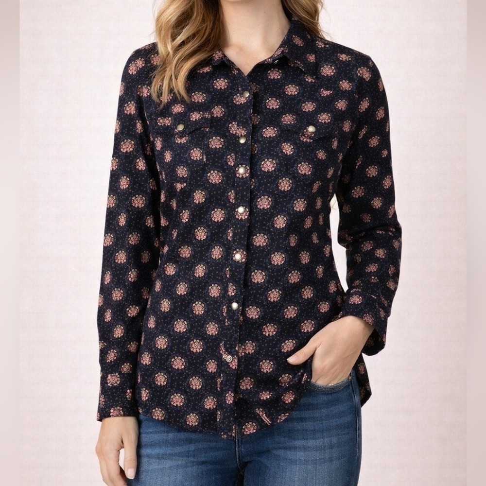VTG WRANGLER Navy Blue Pink Floral Cowgirl Snap Rodeo Long Sleeve Shirt